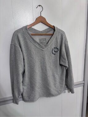 aerie Light Gray V-Neck Pullover Sweatshirt with Small Navy Chest Graphic